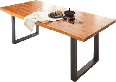 Produktbild von Esstisch Ikarus 140 x 80 cm, Akazienholz massiv, cognacfarben, Baumkantentisch mit Metallgestell in schwarz, Esszimmertisch mit Baumkantenplatte 35 mm, echte Baumkante