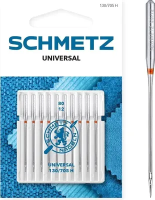 A package of sewing machine needles with one needle shown separately.