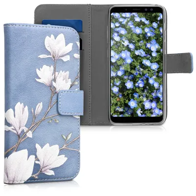 Produktbild von kwmobile Wallet Case kompatibel mit Samsung Galaxy A8 (2018) Hülle - Cover mit Ständer und Kartenfächern - Magnolien Taupe Weiß Blaugrau