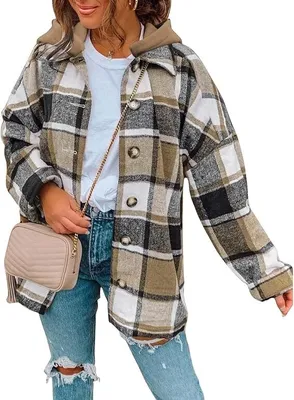 Produktbild von Damen Flanellkaro-Hoodie-Jacken mit Knopfverschluss, Kordelzug-Kapuzenhemden, Herbstmanteljacken mit Taschen, Khaki