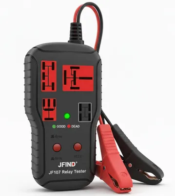 Obrázek produktu pro Tester relé automobil JFIND JF107, univerzální 12V/24V, pro relé 4pinové a 5pinové, LED indikátor funkční/porucha