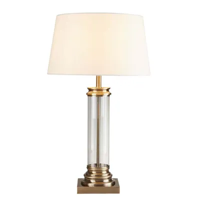 Image de Lampe de table, acier, textile, blanc, laiton vieilli, H 62 cm