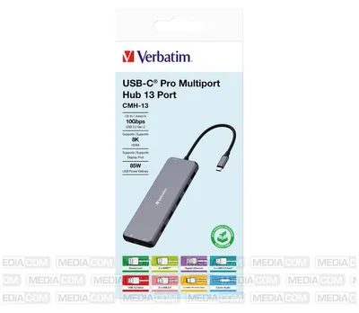 Produktbild von Verbatim CMH-13, USB Typ-C, 3.5mm, DisplayPort, HDMI, RJ-45, USB 2.0, USB 3.2 Gen 1 (3.1 Gen 1) Type-A, USB 3.2 Gen 2 (3.1 Gen..., SD, MicroSD (TransFlash), 10000 Mbit/s, 30 Hz, Silber