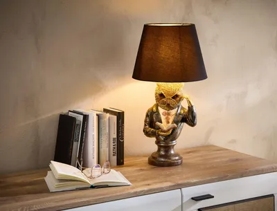 Produktbild von Antikfarbene Eulenlampe mit schwarzem Stoffschirm 56cm Vintage Deko Tischlampe
