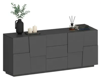 Produktbild von Kommode Yoel, Wohnzimmer-Buffet, Wohnzimmer-Kommode mit 4 Türen und 3 Schubladen, 220x44x86 cm, Anthrazit