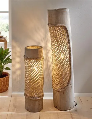 Produktbild von Stehlampe "Artesania" 60 cm hoch aus Holz & Weide, grau, Bodenlampe, Deko Standleuchte
