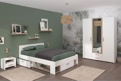 Image de Chambre à coucher complète pour adultes - DREAM - Lit 140 x 190/200 cm + 2 chevets + armoire -Reproduction blanc et chêne - PARISOT