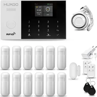 Immagine prodotto di HUXGO HXA005 Sistema di allarme per la casa, WiFi + GSM 4G, con 12 sensori di movimento e sensori per porte e finestre. Sistema di allarme per appartamenti, case e garage