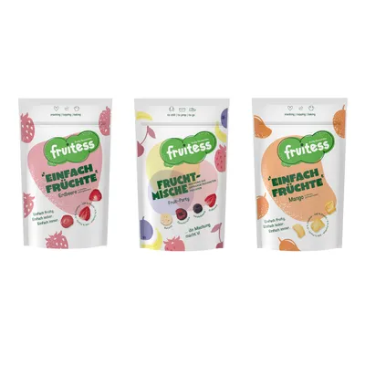 Produktbild von Gefriergetrocknete Früchte Starter Set 3er-Pack FRUITESS EINFACH FRÜCHTE Erdbeere, Fruit Party & Mango Knuspriger Snack Vegan ohne Zusatzstoffe 105g