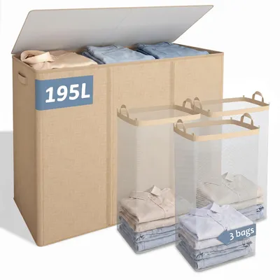 Productafbeelding van Wasmand met 3 compartimenten, 195 liter, met deksel en binnenzak, geschikt voor de wasruimte en slaapkamer