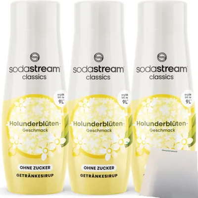 Produktbild von SodaStream Sirup Holunderblüte Geschmack ohne Zucker 3er Pack (3x440ml Flasche) + usy Block