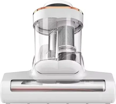 A close-up front view of a white vacuum cleaner head with transparent dustbin and internal filter.
