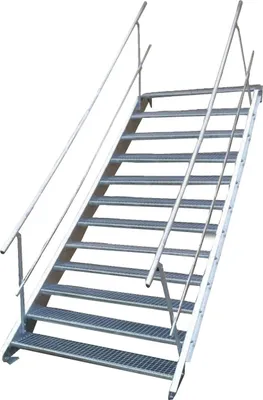 A metal staircase with handrails against a white background.