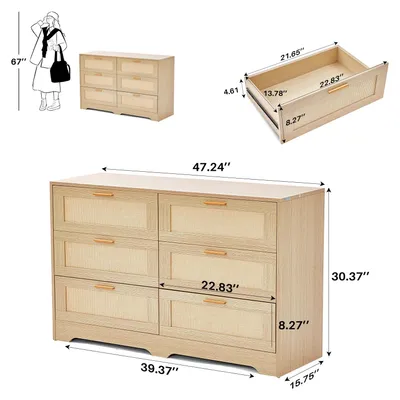Image de Meuble de rangement avec tiroirs - Meuble de rangement - Armoire avec tiroirs - Rangement en rotin - 6 tiroirs spacieux - Bois MDF