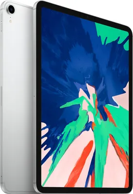 A silver iPad Pro is shown at a slight angle, with its screen displaying a colorful abstract image.