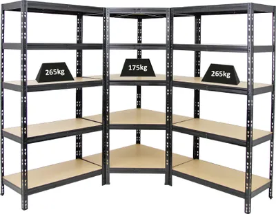 Produktbild von Mega Deal Tiger | 1x Eckregal + 2x Schwerlastregal 180x90x45cm | Fachlast 175 + 265 kg | Schwarz
