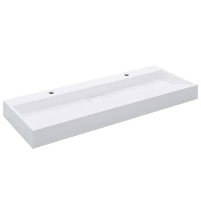 A white rectangular sink with two faucet holes and a small drain area.
