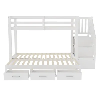 Produktbild von Flieks Etagenbett 90x200cm mit Ausziehbett 90/180x190cm, Hochbett mit 3 Schubladen und Treppe, Stockbett Holzbett mit Rausfallschutz, Weiß