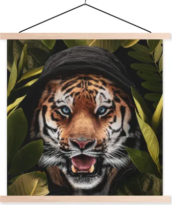 Produktbild von MuchoWow® Textilposter Tiger - Dschungel - Blätter 120x120 cm mit holzfarbenen Rahmen - Textil-Poster