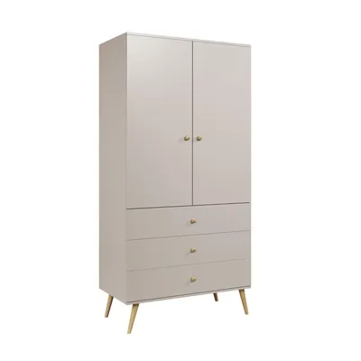 Produktbild von Kleiderschrank 100 cm Kaschmir mit Schubladen und Stange Holzbeine Boho Skandi Schrank