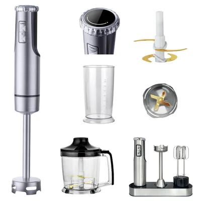 A collection of hand blender accessories and the main unit, displayed against a white background.