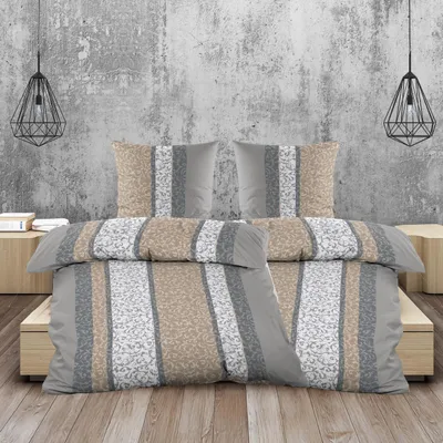 Produktbild von Kuschelige Biber Bettwäsche 135x200 cm 4tlg. – Baumwolle, Grau-Beige, Muster