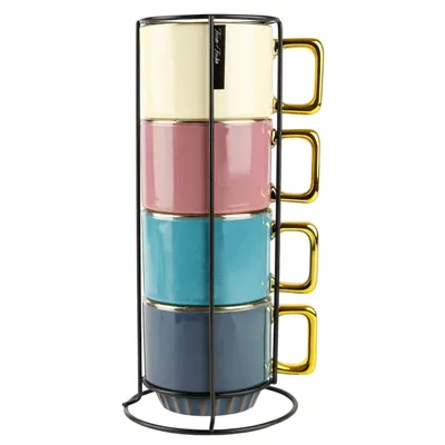 Produktbild von Keramik Tassen Set 320 ml – 4 bunte Kaffeetassen mit Metallständer