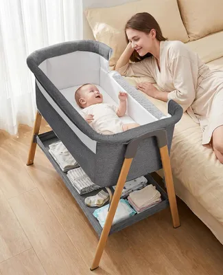 Produktbild von 2-in-1-Beistellbett für Babys, Babybett und Babywiege für Neugeborene – mit Aufbewahrungskorb und weicher Matratze (Grau)