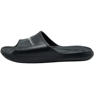 A black Nike slide sandal shown from the side against a white background.