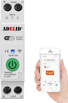 A smart WIFI circuit breaker and a smartphone displaying a Tuya app interface.