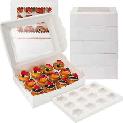 Produktbild von Tortenbox - 10 Stück - Cupcake-Boxen mit Einsätzen und Fenstern - Transportbox für Cupcakes - Hochwertiger Tortenkarton mit praktischem Design