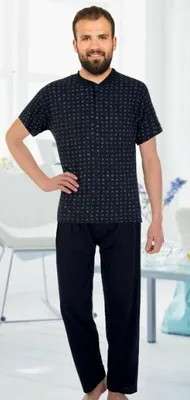Produktbild von Herren Pyjama Schlafanzug Marineblau L %100 Baumwolle Kurz 2-Teiler Set R-75