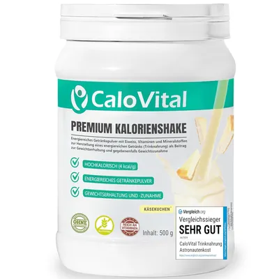 A white plastic tub of CaloVital Premium Kalorienshake powder with a label showing product details and a depiction of a shake being poured.