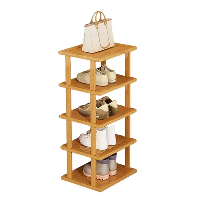 A wooden shoe rack with shoes and a bag on it, against a white background.