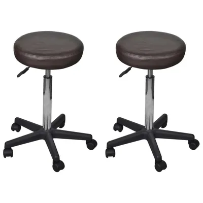 Two brown stools with adjustable height and wheels, presented on a white background.