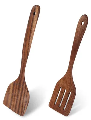 Immagine prodotto di 2 spatole per padelle in legno di acacia, 34 e 31 cm, resistenti ai graffi e al calore