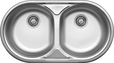 A top-down view of a double-basin stainless steel kitchen sink.