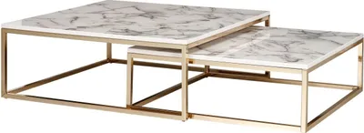 Produktbild von Design Couchtisch 2er Set Weiß Marmor Optik Eckig, Couchtische 2-teilig Tischgestell Metall Gold, Edle Wohnzimmertische, Moderne Satztische