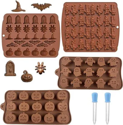 Produktbild von Silikon-Halloweenformen 4-teilig mit 2 Pipetten für Halloween-Chocolade, Halloween-Muffine und Halloween-Fondant