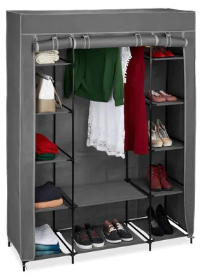 Immagine prodotto di Armadio in tessuto - Antracite - 175 x 135 x 45 cm - 12 scomparti - Asta appendiabiti per abiti