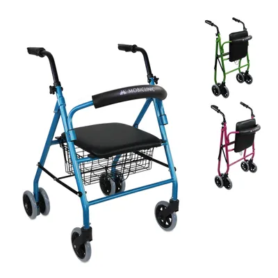 Obrázok produktu pre Mobiclinic, Rollator, Prado, Rollator skladací a ľahký, Tlakové brzdy, Pomôcka na chôdzu, Vyrobený z hliníka, S čalúneným sedadlom, S košíkom, 4 kolesá, Modrá