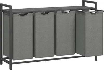Productafbeelding van Famanu wasmand met 4 compartimenten en opbergruimte - Uitneembare waszakken en metalen frame - 160 liter