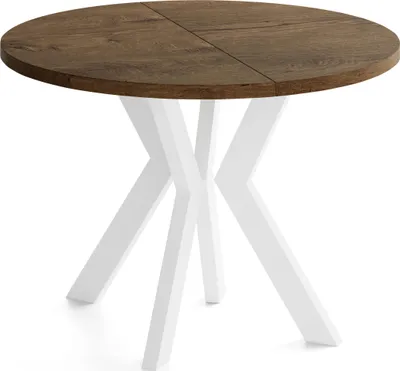 Produktbild von Runder Esstisch Ausziehbar 80-130 cm – Verlängerbar, für 4-6 Personen mit Weißen Holzbeinen – Tisch für Wohnzimmer & Esszimmer in Eiche Braun Rustikal