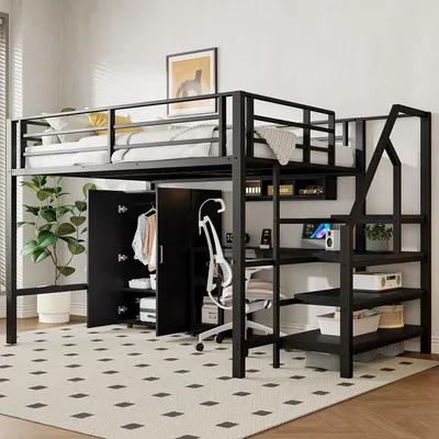 Productafbeelding van Hoogslaper met kledingkast en bureau, 140x200 cm, zwart - Ingebouwde opbergplanken - Verschillende planken en een geïntegreerde werkplek - Robuuste constructie van metaal en MDF