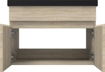 Produktbild von Waschtisch mit Unterschrank 60cm BERGEN Badmöbel Set Eiche Waschbecken Schwarz mit Unterschrank MDF Softclose