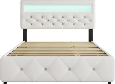 Produktbild von Flieks Polsterbett 140x200cm mit Ausziehbett und 2 Schubladen, Stauraumbett mit Lattenrost, Jugendbett mit LED, Doppelbett Holzbett, Weiß