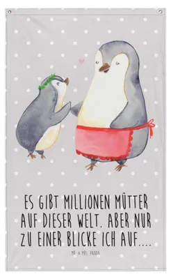 Produktbild von Mr. & Mrs. Panda Tapestry Pinguin mit Kind - Grau Pastell - Geschenk, Beste Mama, Muttertag, Boho Wandteppich, Tochter, Wandbanner, Mutter, Wandbild, Wandtuch, Vorbild