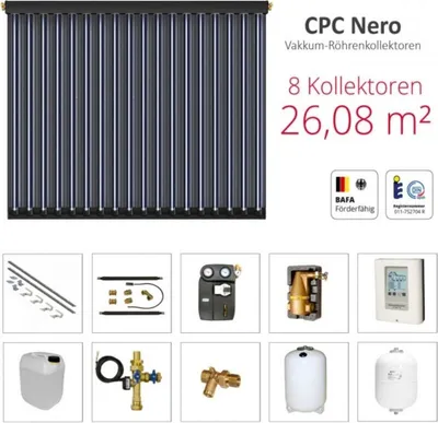 Produktbild von Solarbayer Komplettsolarpaket CPC NERO 8B Bruttogesamtfläche 26,08m² Vakuumröhre