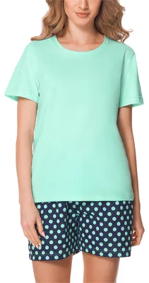 Produktbild von Merry Style Damen Schlafanzug Zweiteiler Pyjama Kurz aus Baumwolle Pyjama Set MS10-177 (Minze/Dunkelblau, S)