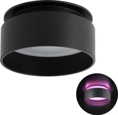 A black cylindrical ceiling light with a white diffuser is shown against a white background. A smaller inset image shows the light emitting pink and white light.